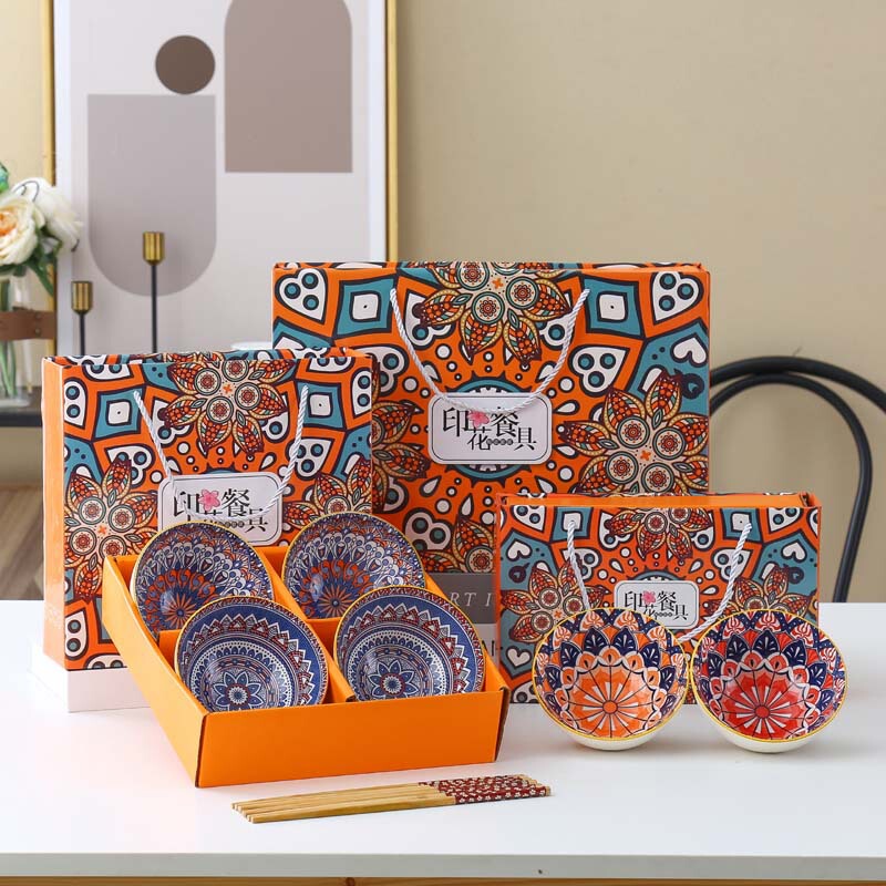 Bohemian Japanese Style Tableware Bowl and Chopsticks Set Gift Box Blue and white Pottery Printable LOGO Opening Hand Gift Home