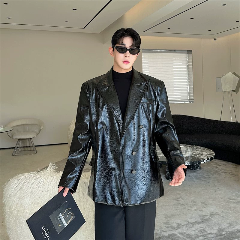 Retro glossy polyurethane suit, jacket, trench coat