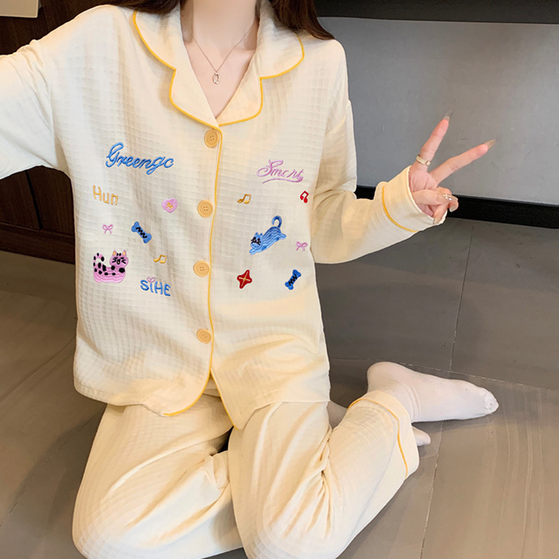 High-End Cute Cat Ins Style Waffle Air Cotton Pajamas Women's Casual Home Wear Warm Suit Wholesale