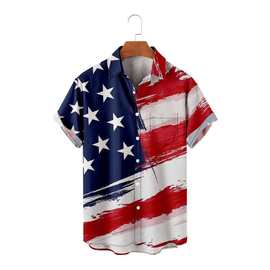 25跨境外贸货源夏季热销3D数码印花独立日男士休闲寸衫工厂直销