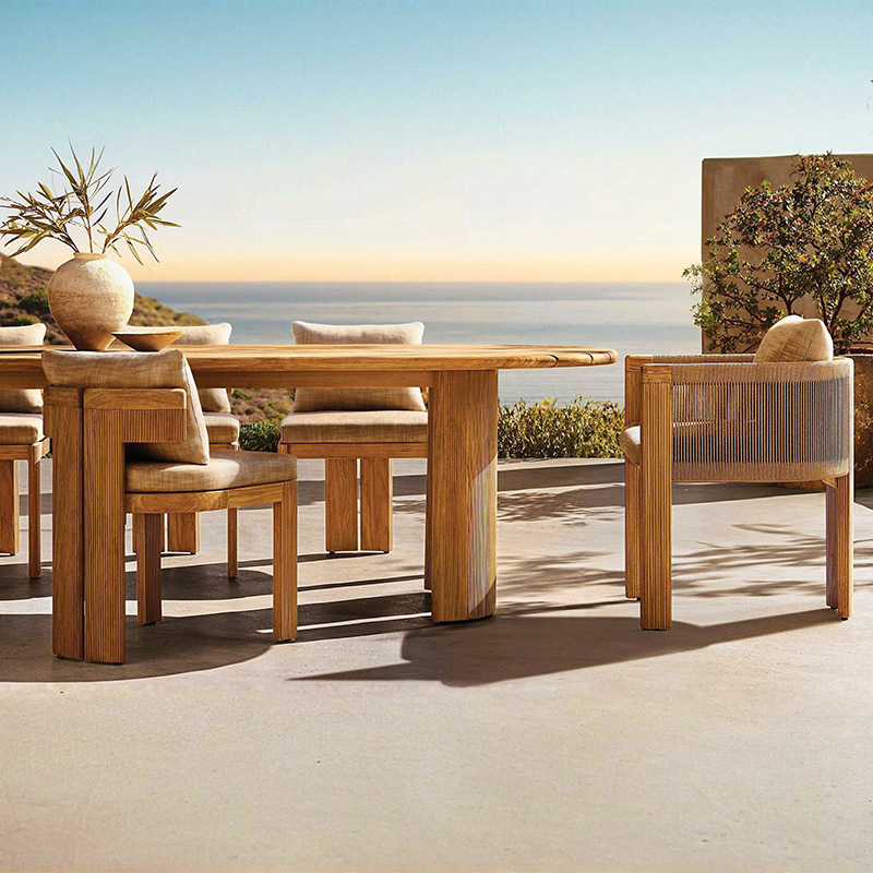 Mesa y sillas de madera maciza al aire libre Jardín al aire libre a prueba de agua y anticorrosión Mesa larga Hotel Villa patio terraza Mesa y sillas de teca protector solar