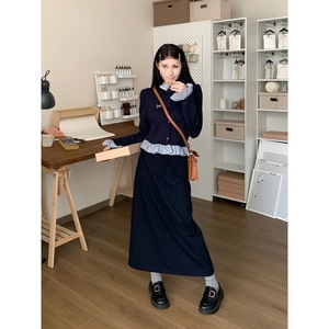 条纹拼接法式气质长袖针织开衫长款半身裙女秋季2025新款时尚套装