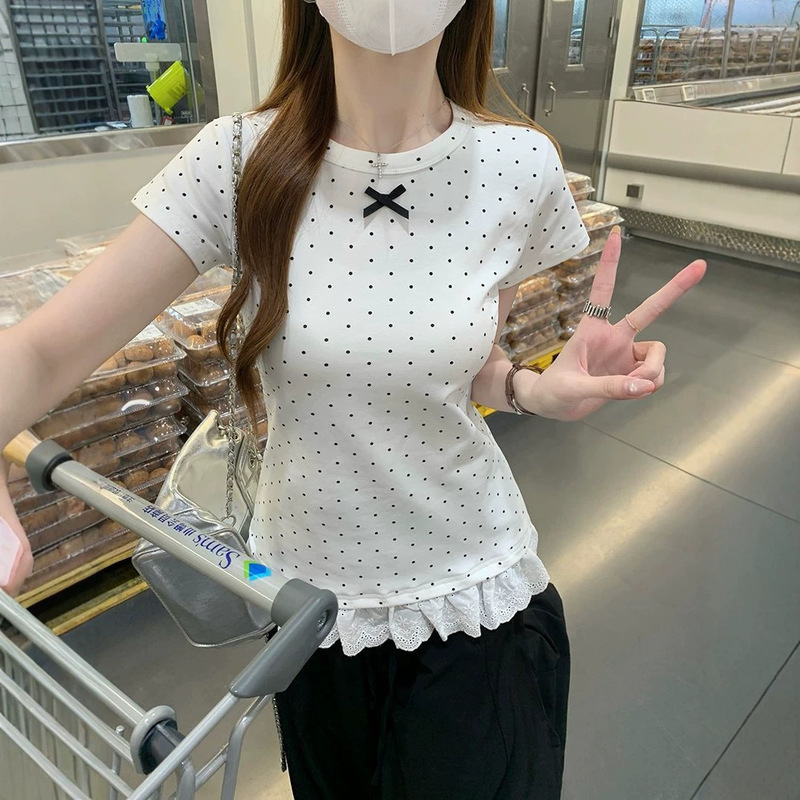 American-Style Spicy Girl Polka Dot Lace Short-Sleeve T-Shirt for Women, Summer Slim-Fit Design, Niche Style, Flattering and Versatile Top
