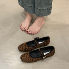 韩系豹纹一字带芭蕾鞋2025新款小众绒面圆头百搭单鞋女鞋