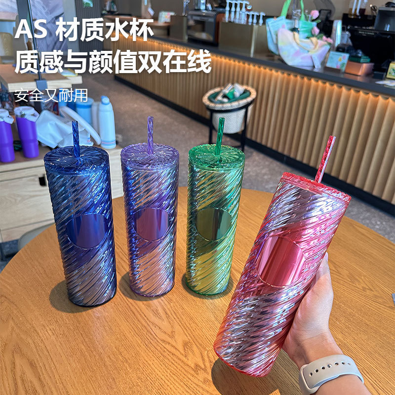 Fabricante de suministro directo de tazas de paja de plástico de doble capa con tazas de agua de paja de grado alimenticio para niñas tazas giratorias de rosca creativas