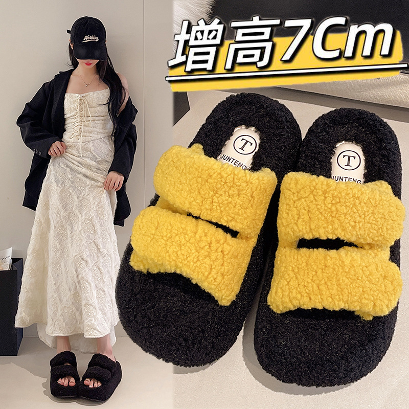 厚底毛毛拖鞋女外穿一字加绒保暖增高秋冬季2025新款水貂毛棉拖鞋|undefined