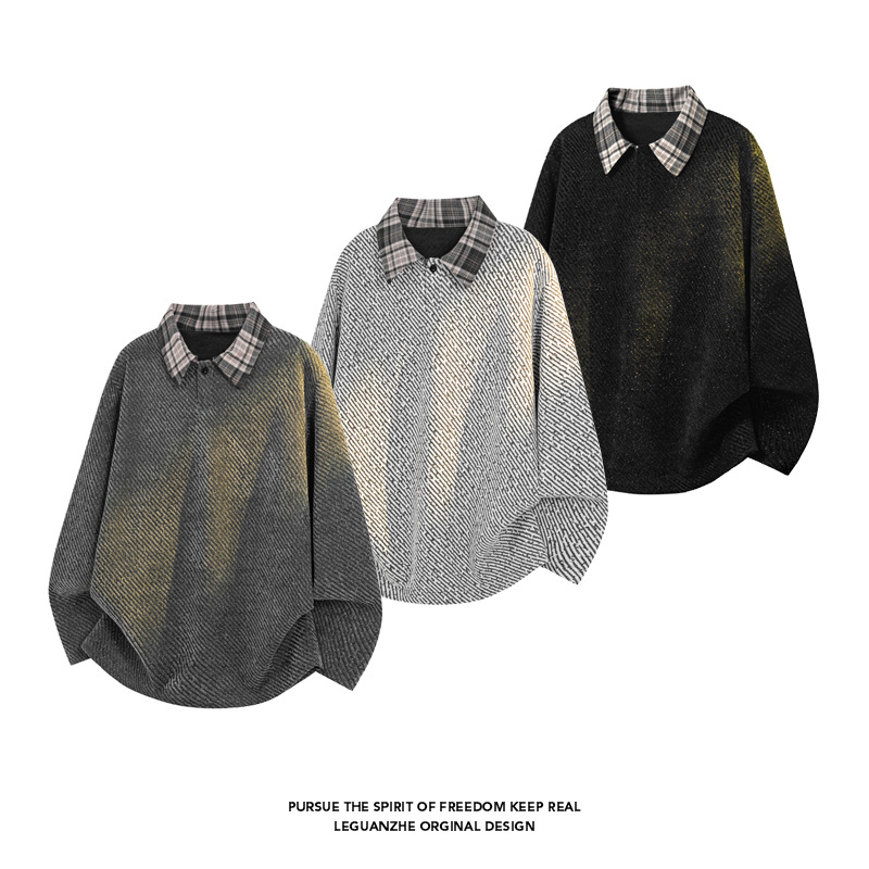 American Retro Houndstooth Sweatshirt For Men Women, Autumn And Winter Style, Small -inspired Lapel Polo Shirt,_voghion.com