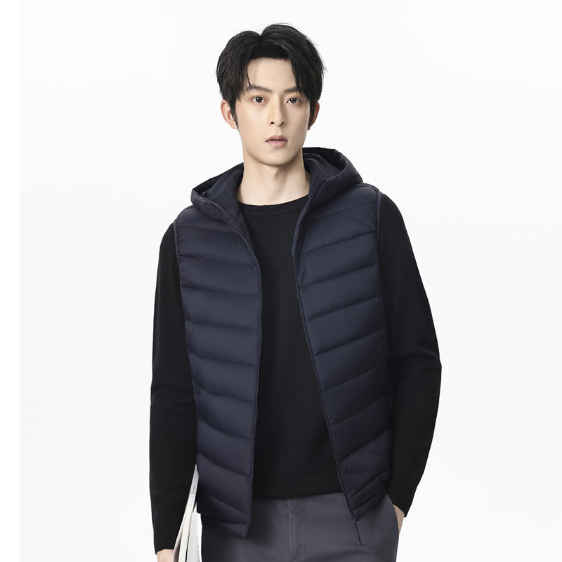 남성용 화이트 덕다운 90 후드 패딩 조끼 겨울 경량 보온 집업 베스트