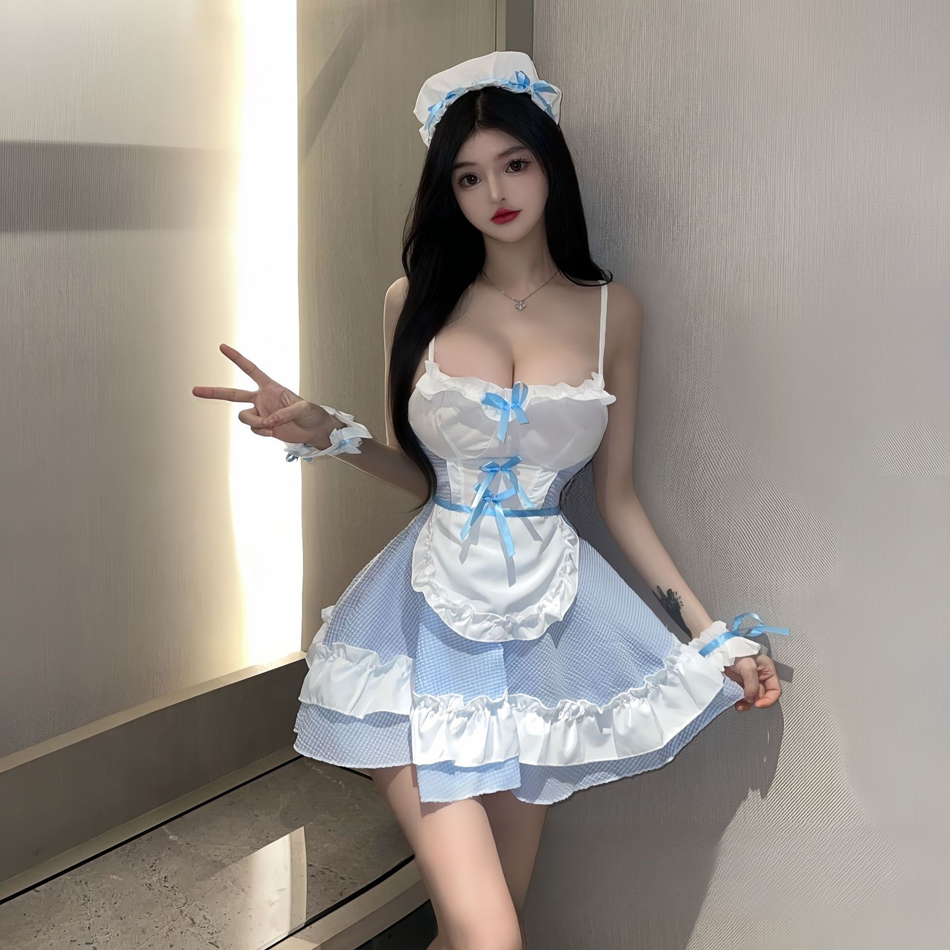 섹시한 속옷 물 블루 메이드 의상 섹시한 유니폼 유혹 오픈 파일 무료 잠옷 섹시한 여성 잠옷