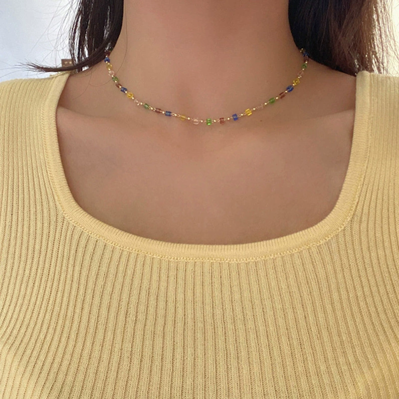 Японские и корейские трансграничные ювелирные изделия ниша дизайн чувство Цвет Кристалл ожерелье женская простая личность маленькое свежее ожерелье на шее