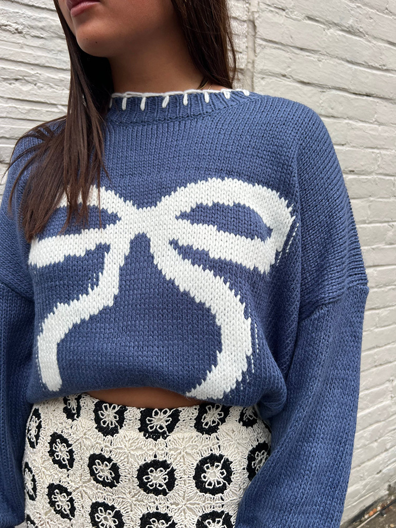 Vêtements pour femmes Pull jacquard à nœud pour femme Automne et hiver Style paresseux Pull ample chaud et confortable_voghion.com