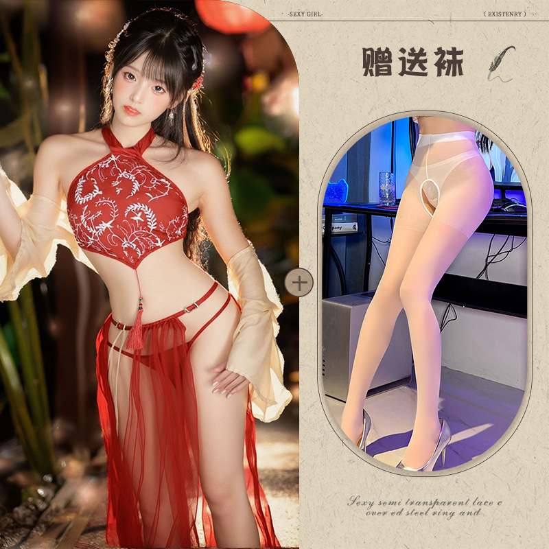 사진색상 [복대+소매와 숄+스플릿 거즈 스커트+T바지] + 화이트 가랑이 없는 양말