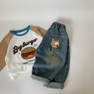 Maibao Kidsren's Jeans 2025 Autum New Korean Style Cartoon Label Casual Pants for Boys and Girls Pure Color Pants Trendy