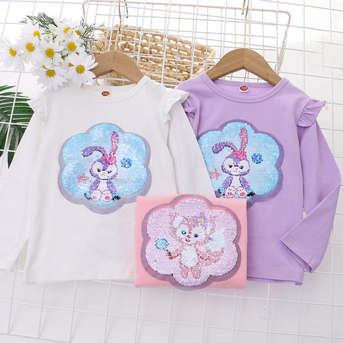 Children's clothing autumn new style girls' T-shirts long-sleeved children's bottoming shirts color-changing sequined tops