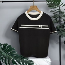 撞色蝴蝶结短袖针织衫上衣女小个子短款修身正肩t恤显瘦内搭乙鸟