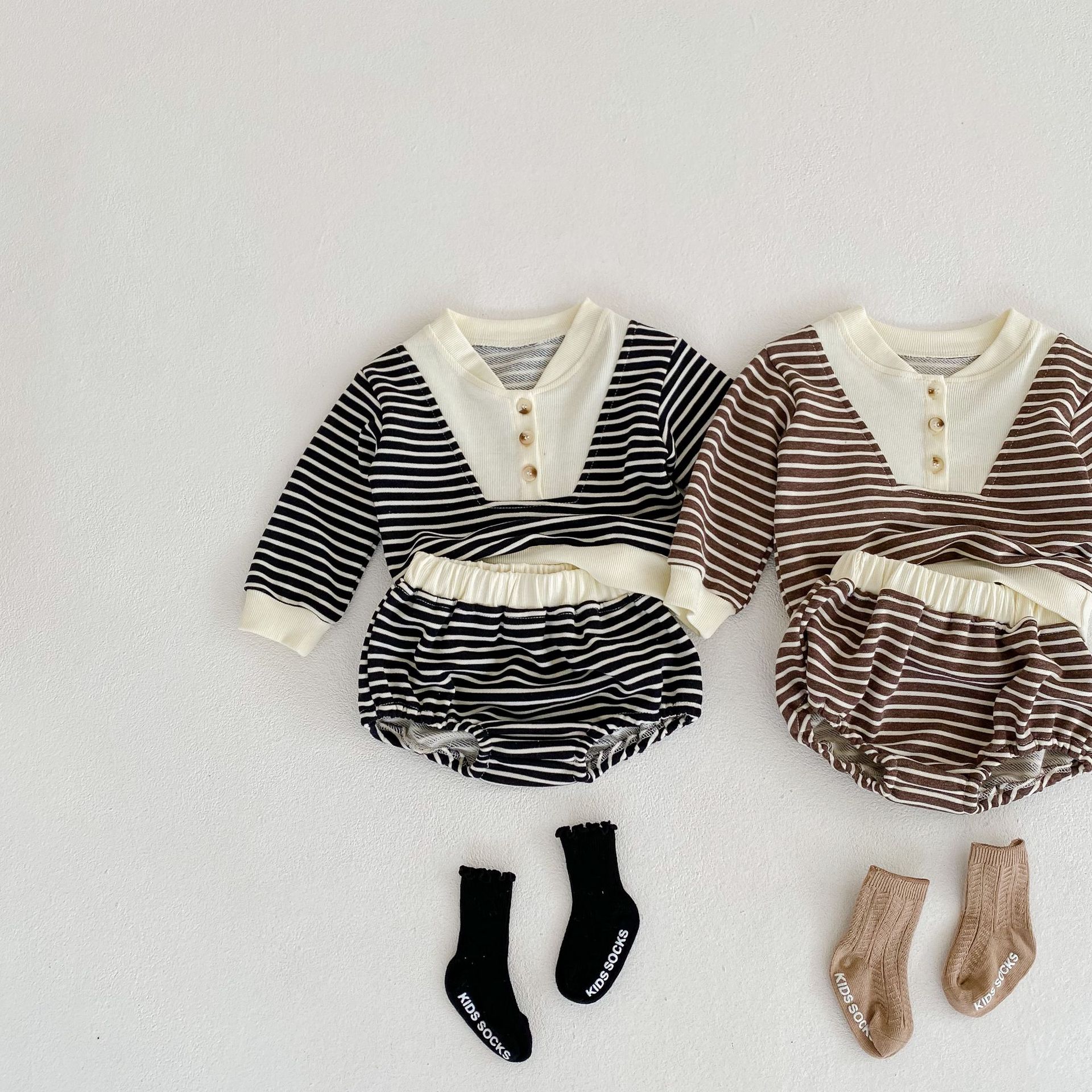 Abbigliamento autunnale 2024 per neonati, bambini piccoli, ragazzi e ragazze, pullover a righe a maniche lunghe + pantaloni a pieghe_voghion.com