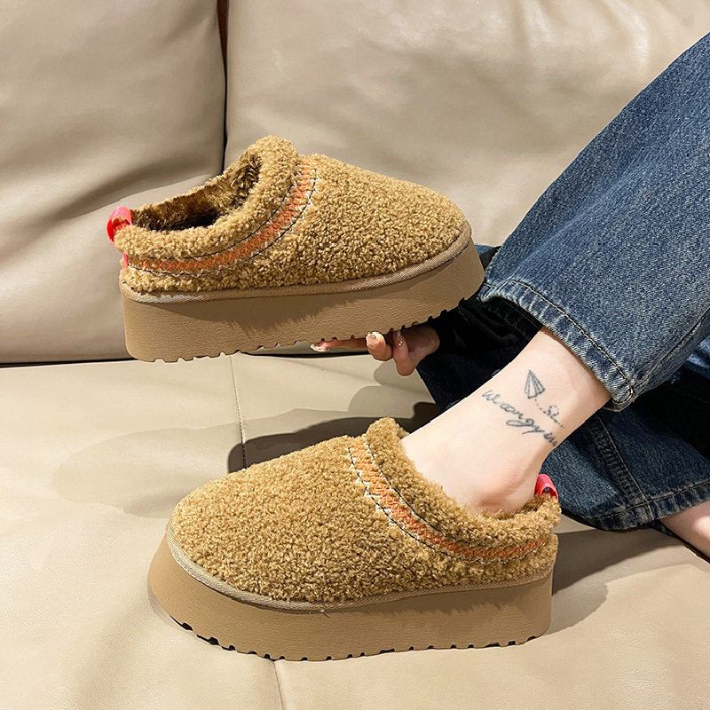 Zapatos de mujer Zapatillas de media caña cerradas con suela gruesa para mujer, otoño e invierno, además de zapatos de algodón cálidos y perezosos de terciopelo para mujer_voghion.com