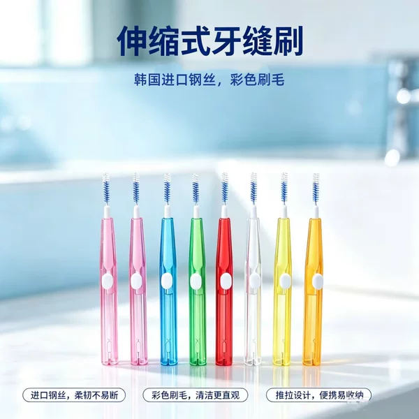 Retractable interdental brush, push-pull design, portable, colorful, soft bristles, imported steel wire, for cleaning between teeth, orthodontic use