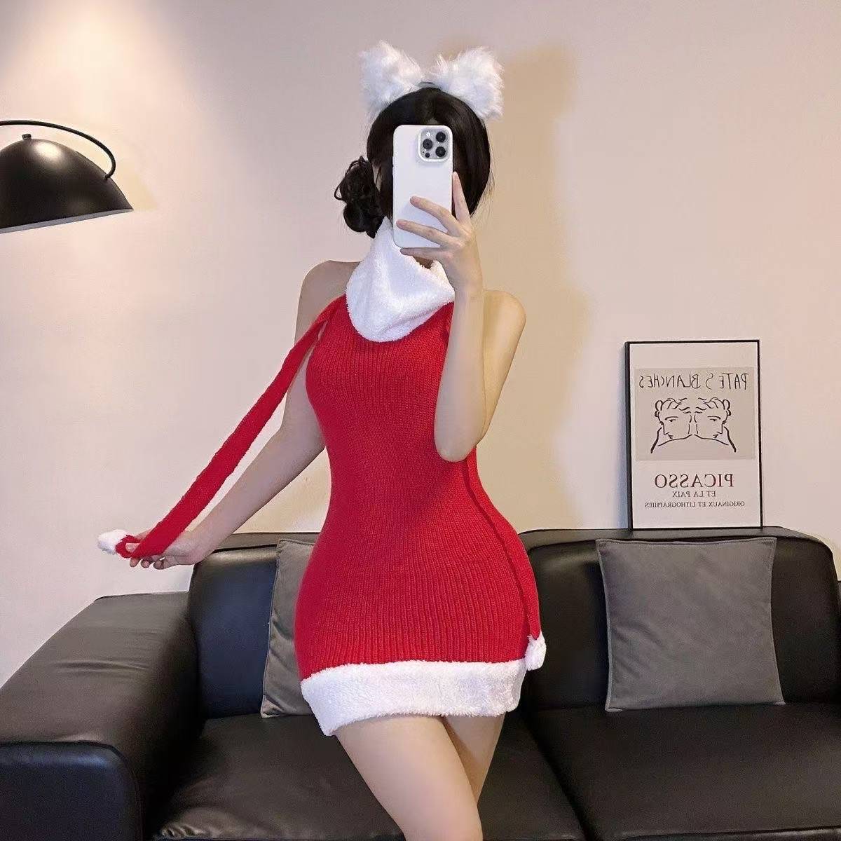 Red Christmas Cosplay Dress Set with Sweater, White Stockings and Bunny Ears — detail image 9