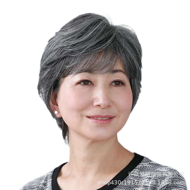 表演假发女士花白假发头发短直发老太太假发白发发套老人花白头套-阿里巴巴