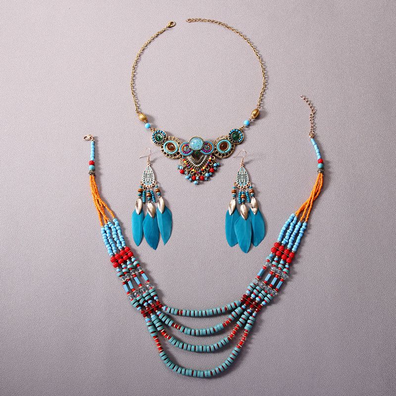 Retro Ethnic Style Jewelry Bohemian Necklace Forehead Ornament Feather Earrings Set Travel Photo Pendant Forehead Chain