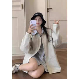 美式复古秋季薄款休闲夹克外套女春秋2024新款爆款灰色高级感开衫