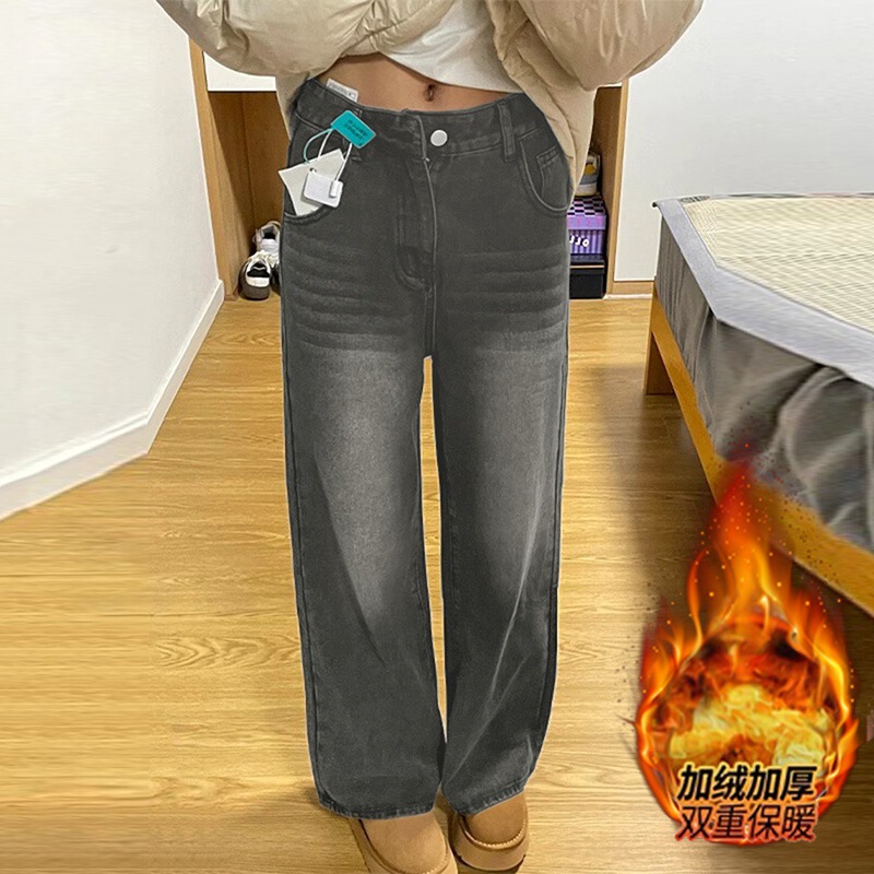 Vintage Fleece-Lined Thick Wide-Leg Jeans for Women Plus Size, High-Waisted, Slimming, Loose, Drapey, Straight-Leg, Floor-Length Pants