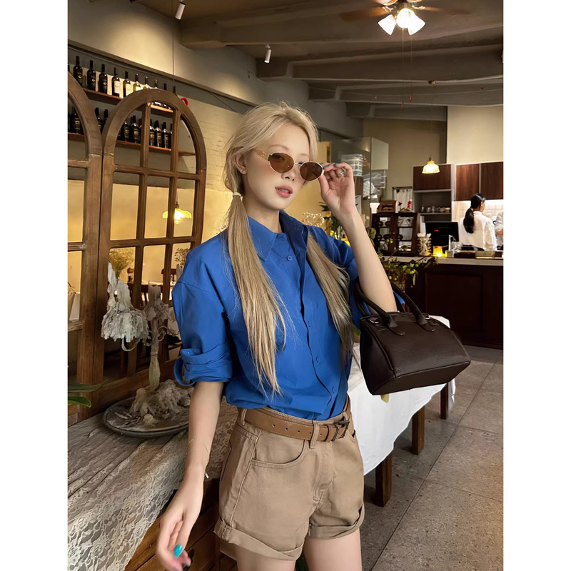 8Uioio "Prussian Blue" Klein Blue Long-Sleeved Shirt for Women Korean Style Spring Shirt Design Top 8Uioio "Prussian Blue" Klein Blue Long-Sleeved Shirt for Women Korean Style Spring Shirt Design Top