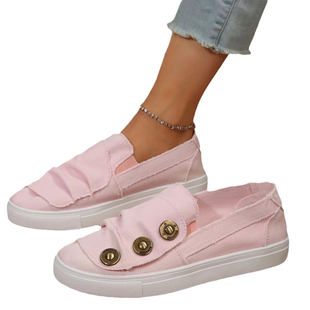 2023 neue große Wasch-Denim-Canvas-Schuhe für Damen, große Paar-Schuhe mit flachem Boden und faltigen bronzefarbenen Knopfschuhen_voghion.com