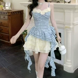 小众新品韩系不规则格纹吊带上衣小个子显瘦半身裙套装氨纶有吊牌