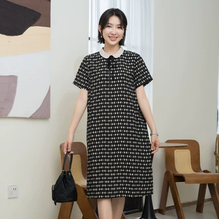 YUN韫夏季新款连衣裙女高级感简约爱心裙子圆领短袖中长款连衣裙