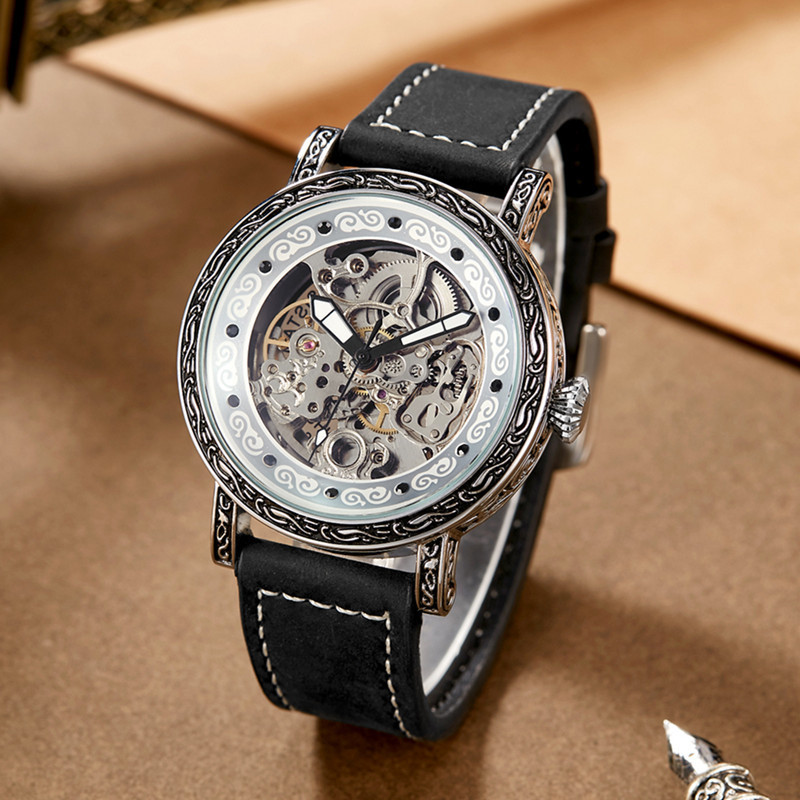 Men's Casual Watch Two Way Movement Leather Strap Stainless Steel Automatic Mechanical New Style_voghion.com