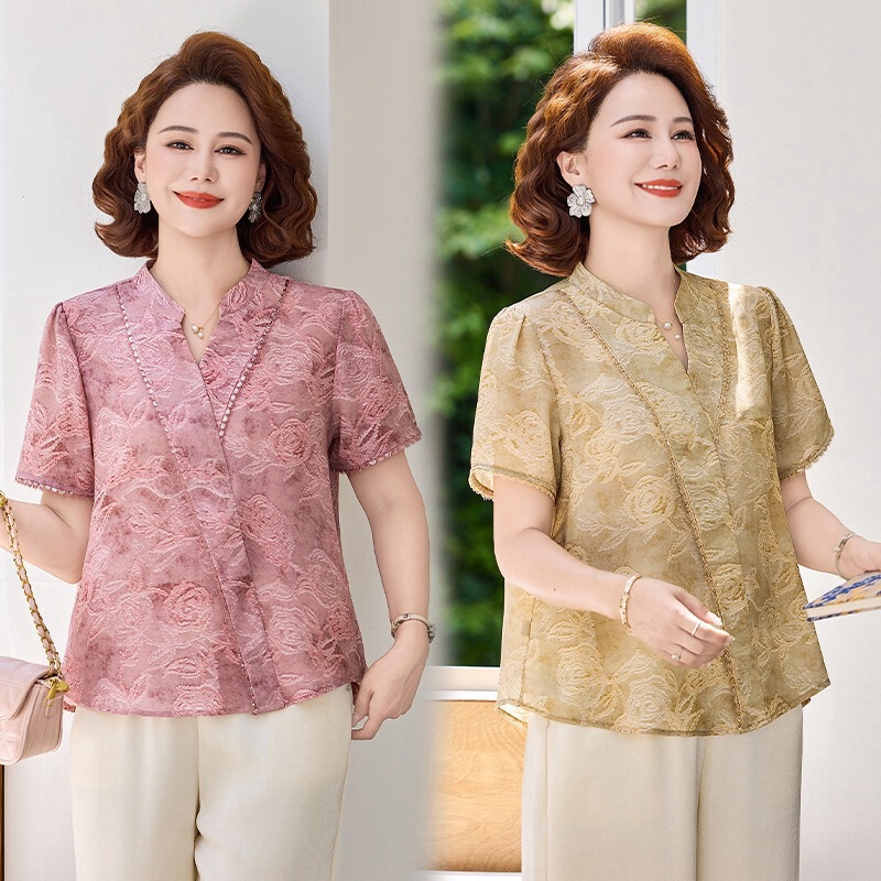 Mom's Summer Stylish T-Shirt and Blouse Set for Middle-Aged and Elderly Women, Fashionable Slim-Fit Short-Sleeve Top Two-Piece Set Mom's Summer Stylish T-Shirt and Blouse Set for Middle-Aged and Elderly Women, Fashionable Slim-Fit Short-Sleeve Top Two-Piece Set