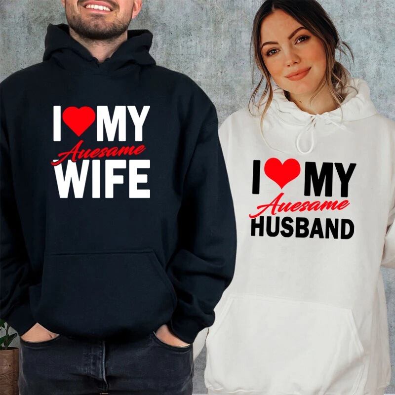 【Cross-Border European Size】I Love My Wife/Husband Printed Couple Sweatshirt Autumn Funny Lettering Family