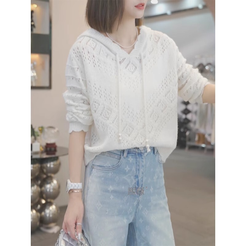 Crochet Cut Out Hooded Knitwear for Women Spring and Summer Thin Knitwear 2025 New Korean Design Long-Sleeved Top Crochet Cut Out Hooded Knitwear for Women Spring and Summer Thin Knitwear 2025 New Korean Design Long-Sleeved Top