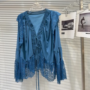 Cross-Border Exclusive Supply of 2025 Spring New French Socialite V Neck Lace Strap Design Pure Color Lace Shirt