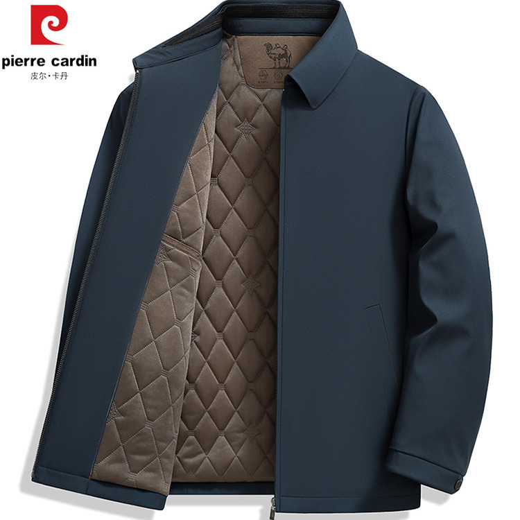 Pierre Cardin Men's Camel Velvet Lapel Jacket Autumn and Winter Cotton Clothes Business Middle-Aged High-End Men's Executive Jacket