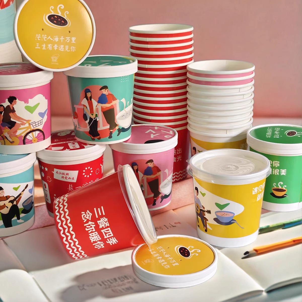 一次性牛皮纸粥桶粥碗商用外卖打包盒圆形印logo曼玲同款加厚带盖