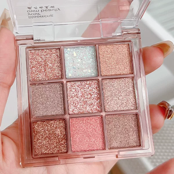 Nine-Color Milk Tea Crushed Ice Eyeshadow Palette with Pearlescent Color, Matte Shimmer, Nine-Grid Highlighter, Blush in Nude Tones, Affordable Price