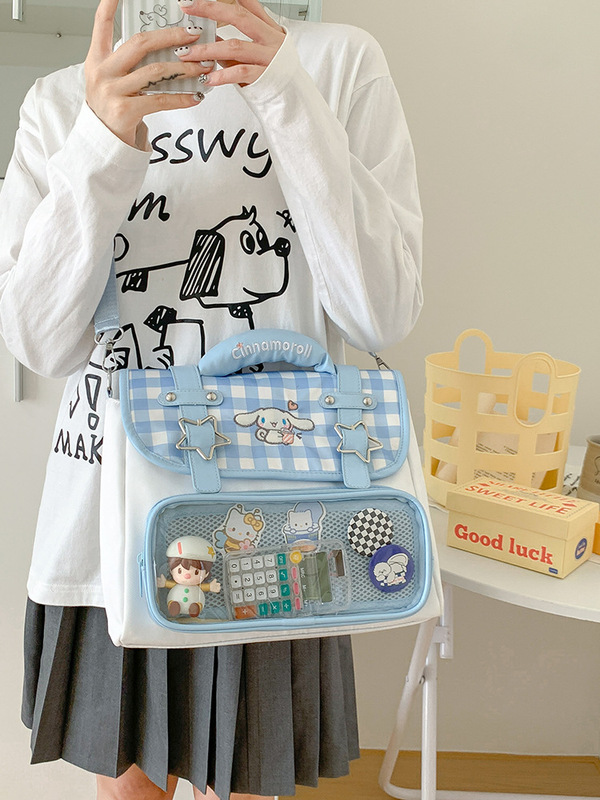 高颜值蓝色格子学院风透明痛包两用斜挎包小众设计可爱少女手提包|undefined