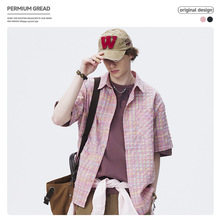 美式学院风多巴胺泡泡纱格纹短袖衬衫男潮牌肌理感休闲百搭衬衣