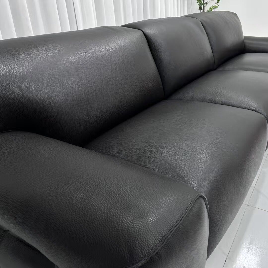Sofá de bisón minimalista italiano negro recto sofá de cuero, sofá de cuero de vaca, sala de estar diseñador de sofá combinación
