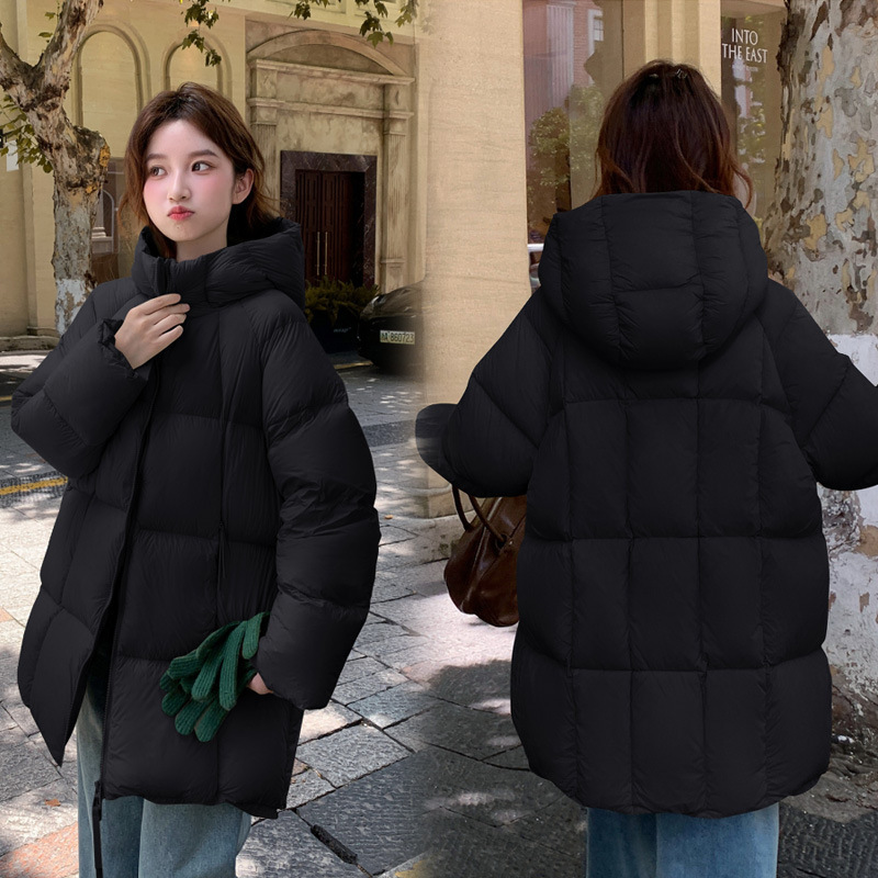 云朵泡芙羽绒棉服女中长款2025新款加厚连帽小个子棉袄面包服外套|undefined