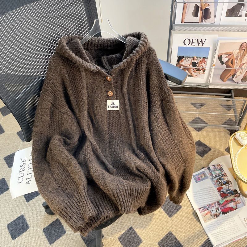 新品宽松慵懒风连帽毛衣女夏新款软糯新款抽绳新品卫衣上|undefined
