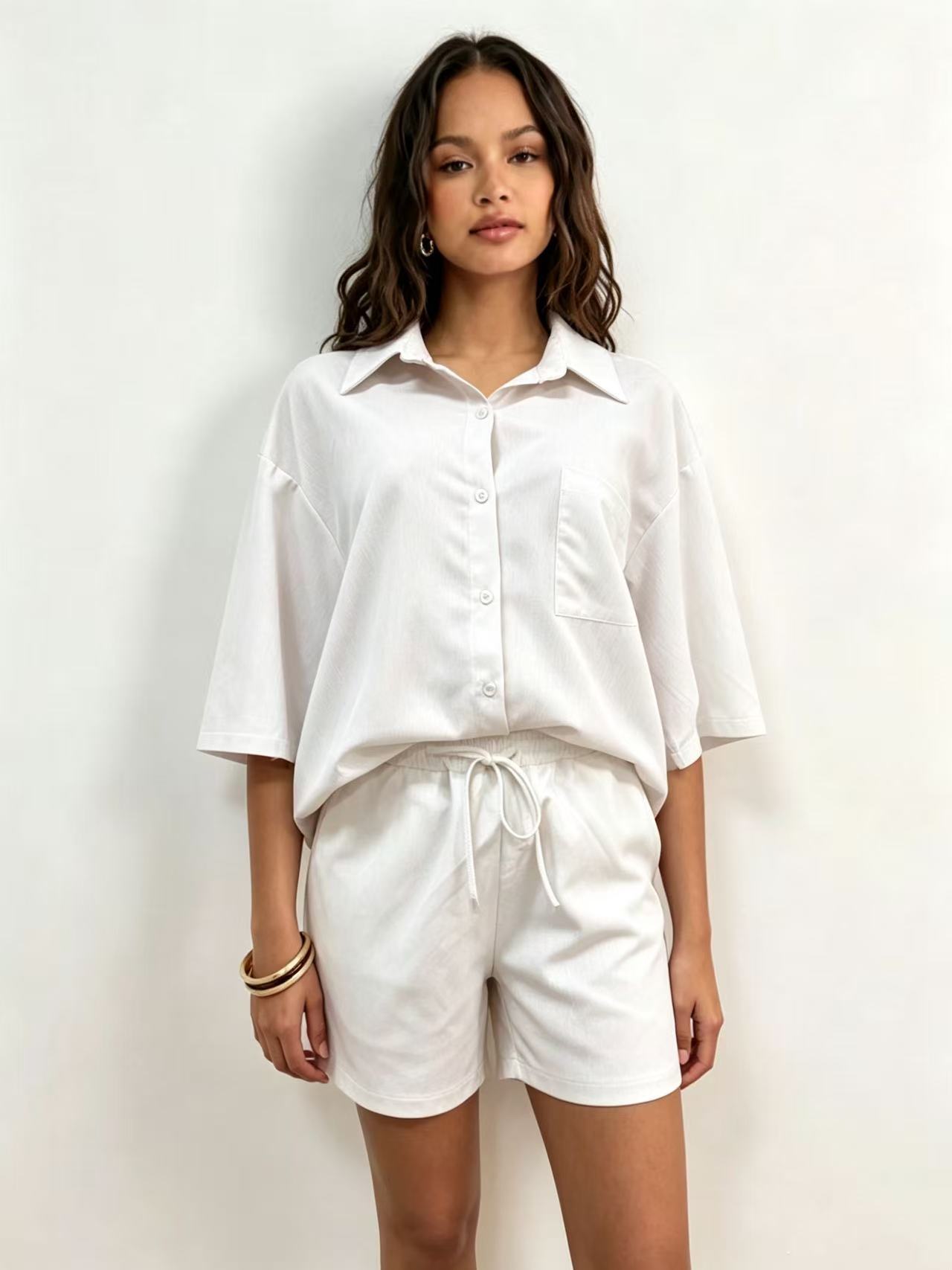 Women's Multi Color Collared Loose Fitting Shirt And Shorts Set Casual Solid Color Everyday Commuter Fashion_ecoleips.com
