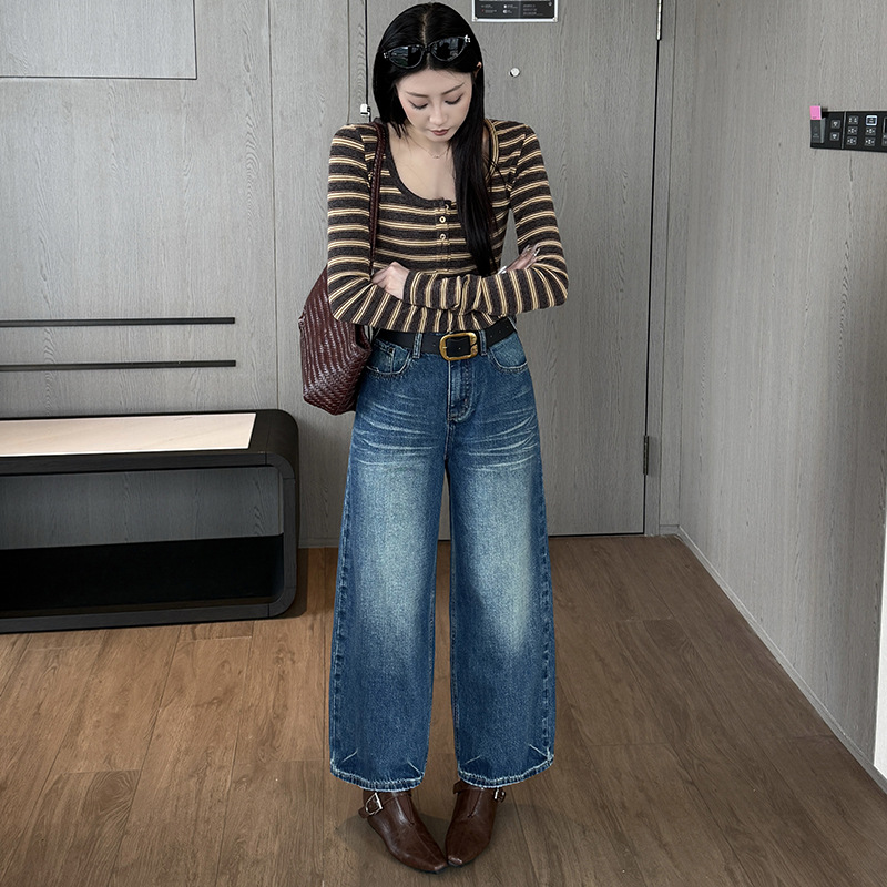 广州十三行2026秋款高级洗水蓝9分无弹翻盖袋弯刀牛仔裤女配腰带