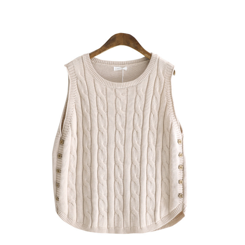 Otoño diseño artístico nicho color sólido Chaleco de punto giro de las mujeres sueltas de dos lados botón suéter chaleco superior