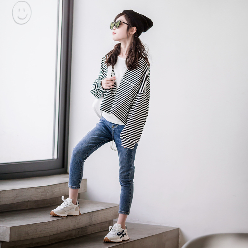 Ropa de los niños del estilo coreano 2023 otoño nuevas niñas casual deportes con capucha suéter rayas cremallera cardigan Coat