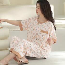 夏季新款纯棉女短袖七分裤套头睡衣印花休闲女家居服图片色圆领