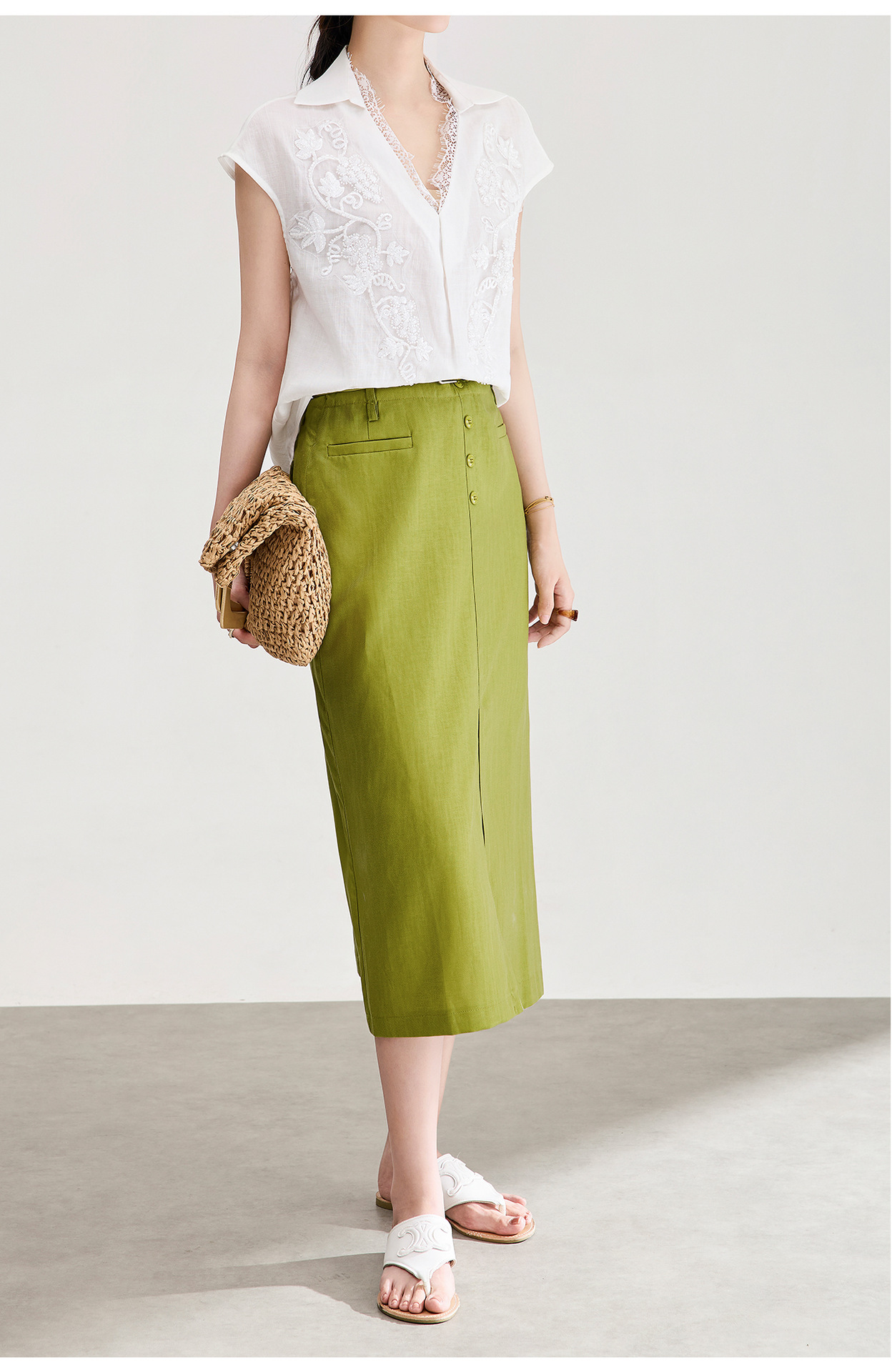 Chân váy xếp ly nữ xòe chất liệu tencel linen thoáng mát — Màu gai dầu thô chi tiết 13